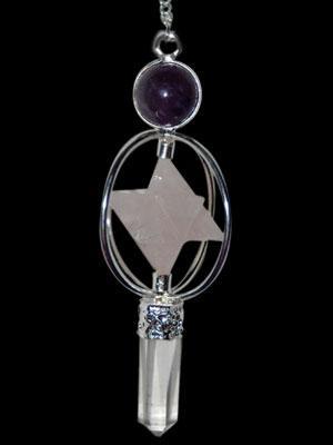 P�ndulo Plateado con Estrella, Bola y Punta de Cuarzo 8cm